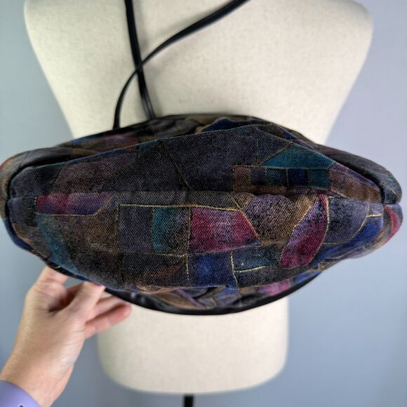 70s-80s Look Clamshell Velvet Purse Long Strap, Geometric Colorful Pattern 2/$50 - Picture 5 of 14